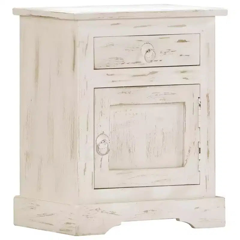 Table de chevet vintage en manguier massif avec tiroir et placard – Blanc