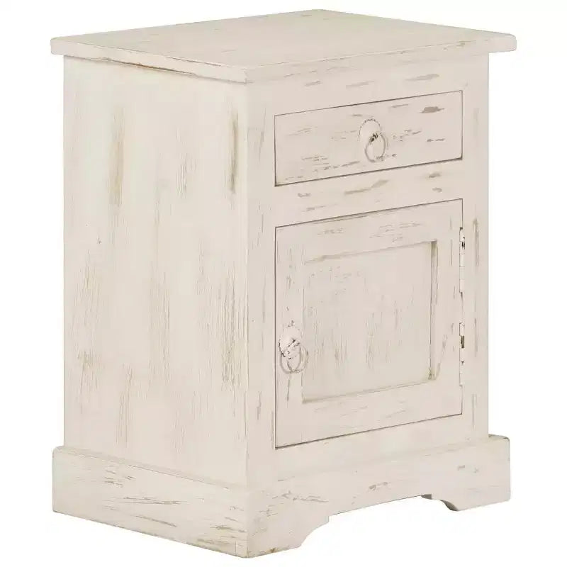 Table de chevet vintage en manguier massif avec tiroir et placard – Blanc