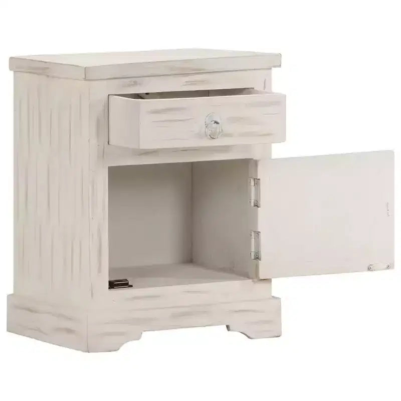 Table de chevet vintage en manguier massif avec tiroir et placard – Blanc