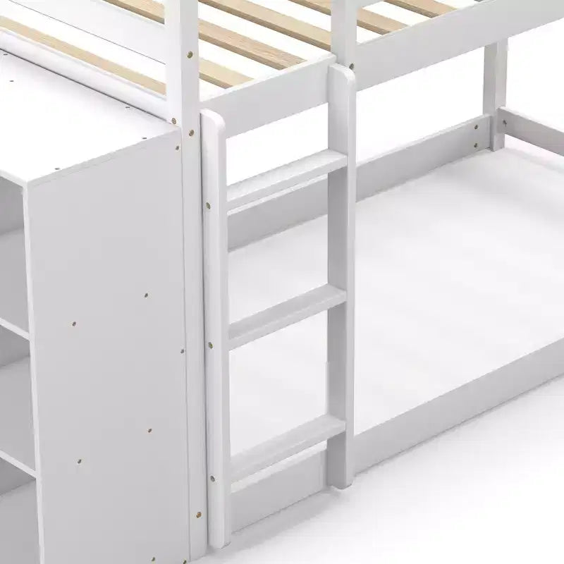 Lit superposé simple sur simple avec bibliothèque, étagères de rangement et échelle – Blanc
