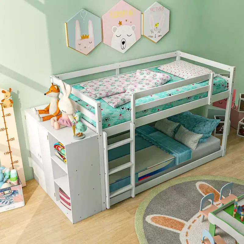 Lit superposé simple sur simple avec bibliothèque, étagères de rangement et échelle – Blanc