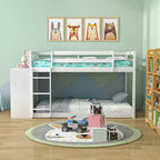 Lit superposé simple sur simple avec bibliothèque, étagères de rangement et échelle – Blanc