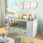 Lit superposé simple sur simple avec bibliothèque, étagères de rangement et échelle – Blanc