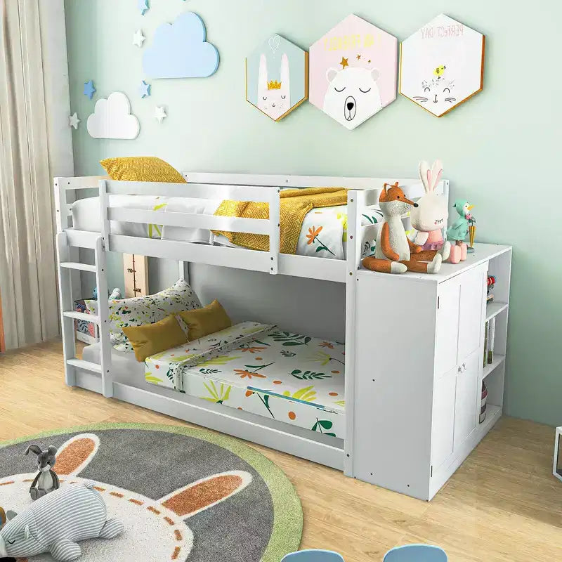 Lit superposé simple sur simple avec bibliothèque, étagères de rangement et échelle – Blanc