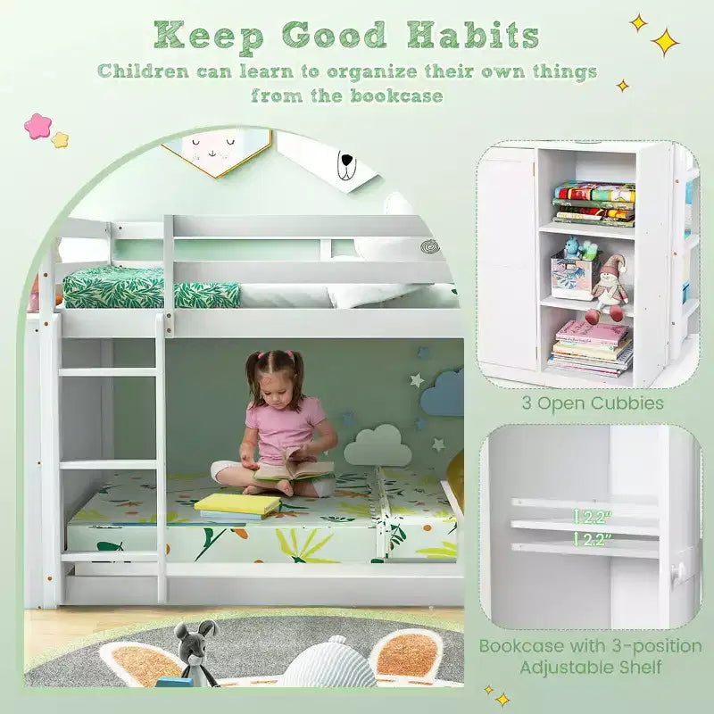 Lit superposé simple sur simple avec bibliothèque, étagères de rangement et échelle – Blanc