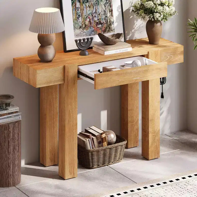 Console de 47 po avec tiroir, placage de frêne et prise de courant intégrée