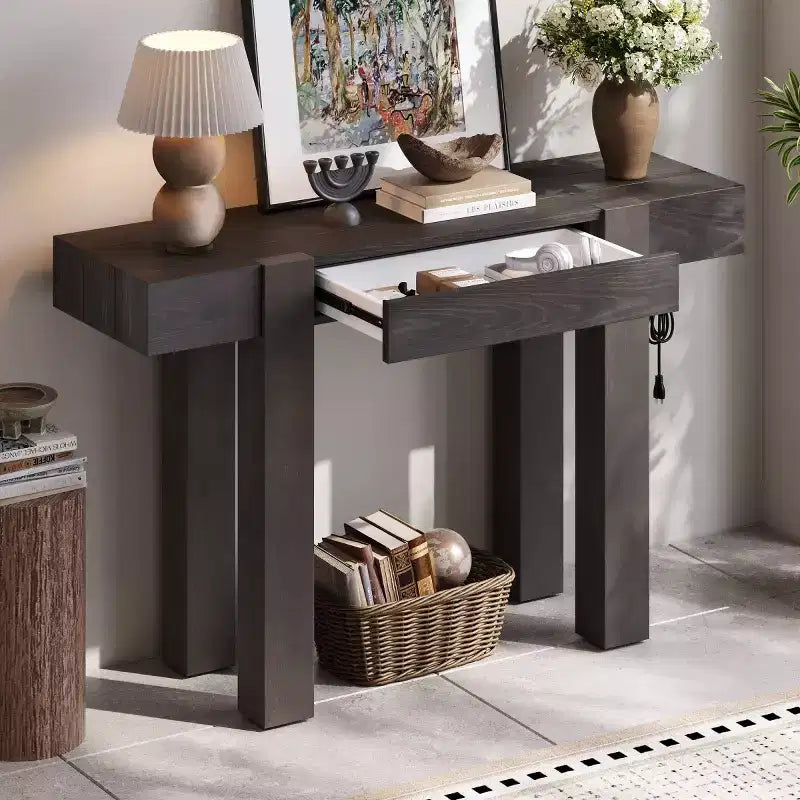 Console de 47 po avec tiroir, placage de frêne et prise de courant intégrée