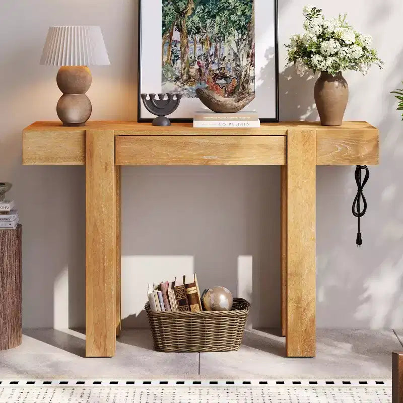 Console de 47 po avec tiroir, placage de frêne et prise de courant intégrée