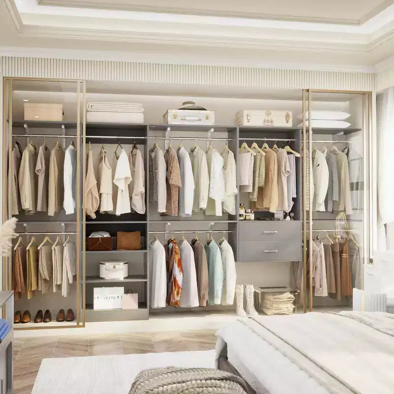 Dressing sans fixation – 8 tringles, 10 étagères et tiroirs