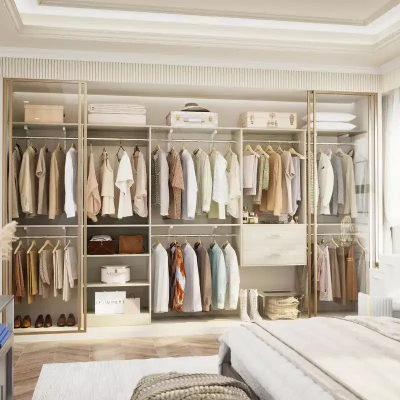 Dressing sans fixation – 8 tringles, 10 étagères et tiroirs