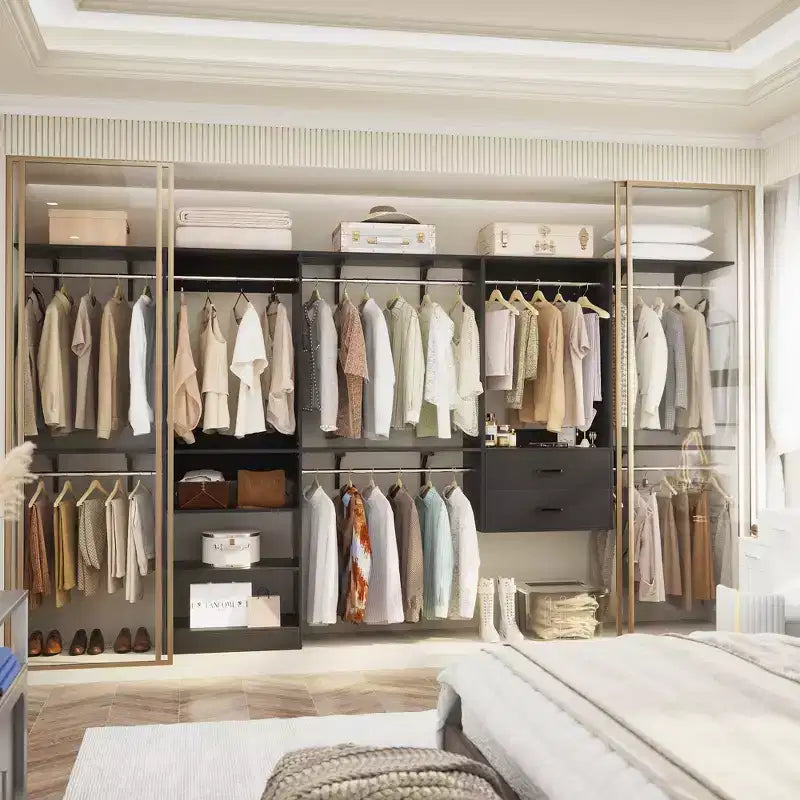 Dressing sans fixation – 8 tringles, 10 étagères et tiroirs