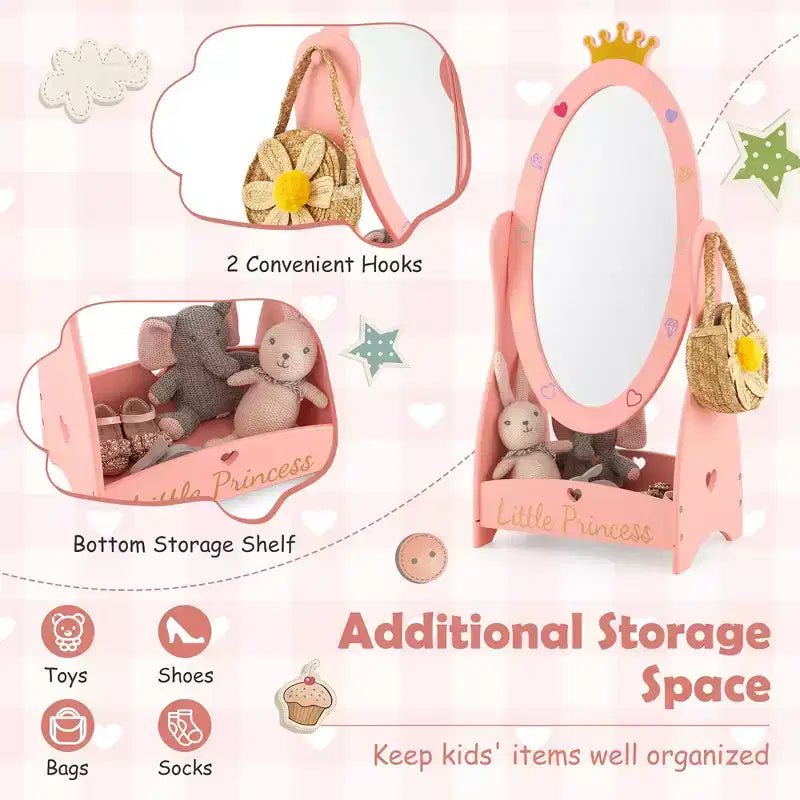 Miroir sur pied pleine longueur pour enfants avec rangement – Princesse Rose