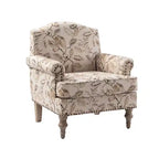 Fauteuil floral rembourré de style transitionnel avec dossier chameau et pieds en bois
