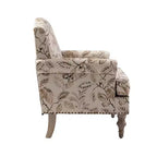 Fauteuil floral rembourré de style transitionnel avec dossier chameau et pieds en bois