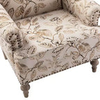 Fauteuil floral rembourré de style transitionnel avec dossier chameau et pieds en bois