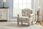Fauteuil floral rembourré de style transitionnel avec dossier chameau et pieds en bois