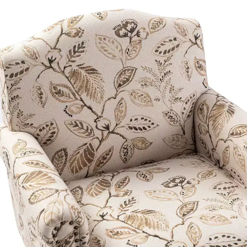 Fauteuil floral rembourré de style transitionnel avec dossier chameau et pieds en bois