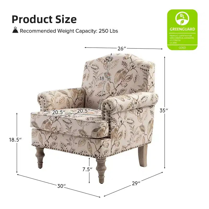 Fauteuil floral rembourré de style transitionnel avec dossier chameau et pieds en bois