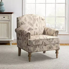 Fauteuil floral rembourré de style transitionnel avec dossier chameau et pieds en bois