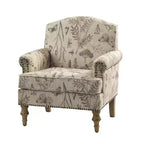 Fauteuil floral rembourré de style transitionnel avec dossier chameau et pieds en bois