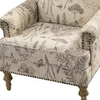 Fauteuil floral rembourré de style transitionnel avec dossier chameau et pieds en bois