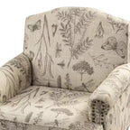 Fauteuil floral rembourré de style transitionnel avec dossier chameau et pieds en bois