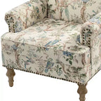 Fauteuil floral rembourré de style transitionnel avec dossier chameau et pieds en bois