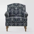 Fauteuil floral rembourré de style transitionnel avec dossier chameau et pieds en bois