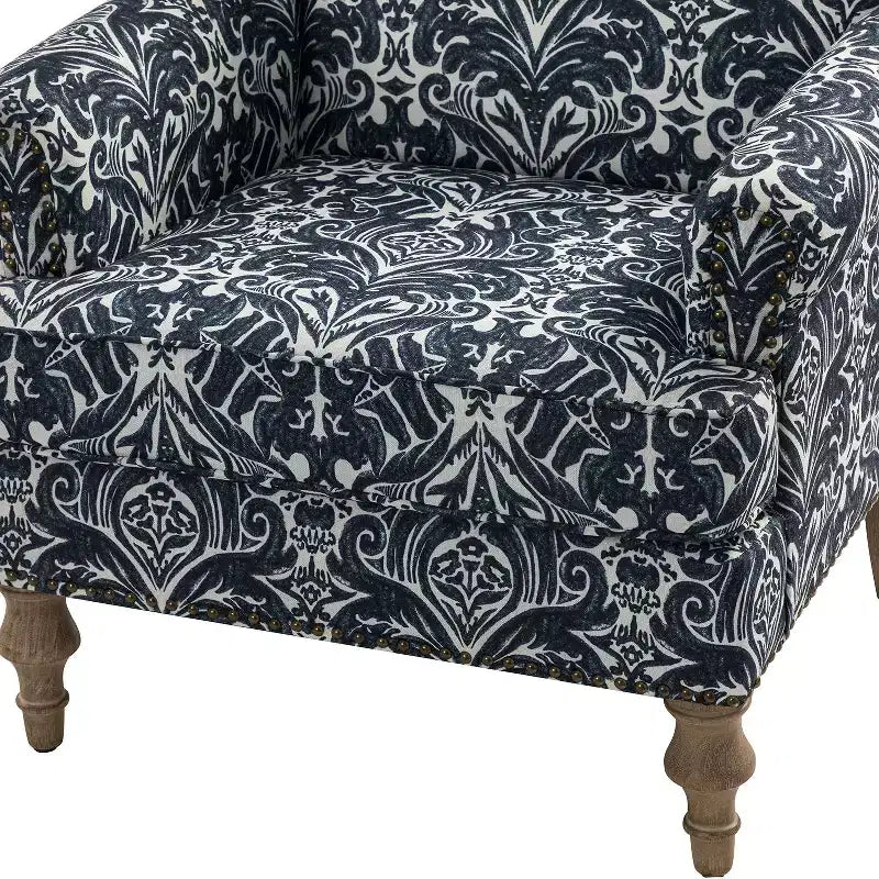 Fauteuil floral rembourré de style transitionnel avec dossier chameau et pieds en bois
