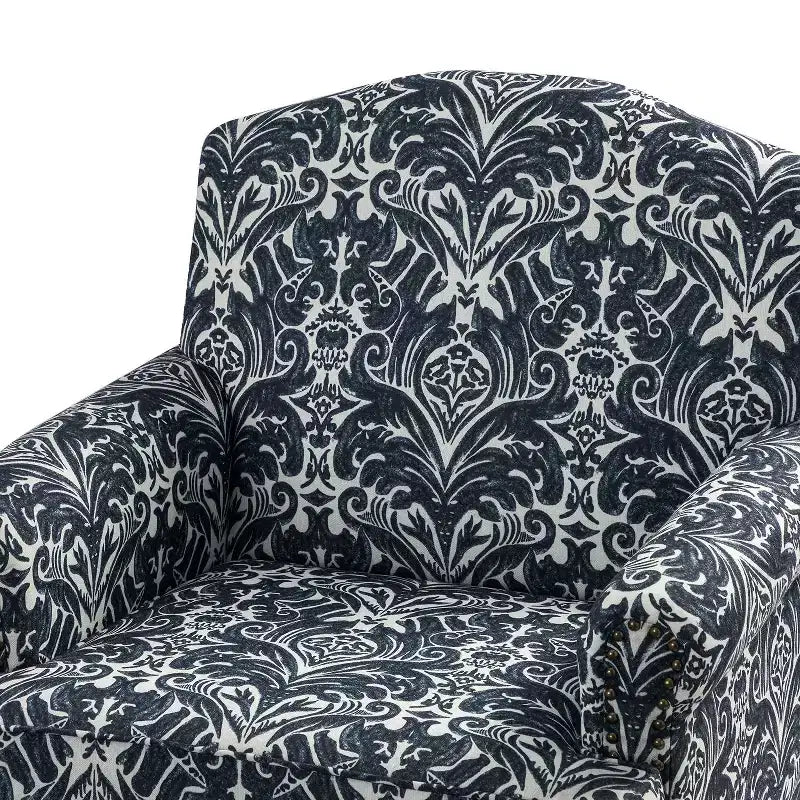 Fauteuil floral rembourré de style transitionnel avec dossier chameau et pieds en bois