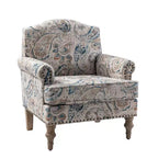 Fauteuil floral rembourré de style transitionnel avec dossier chameau et pieds en bois