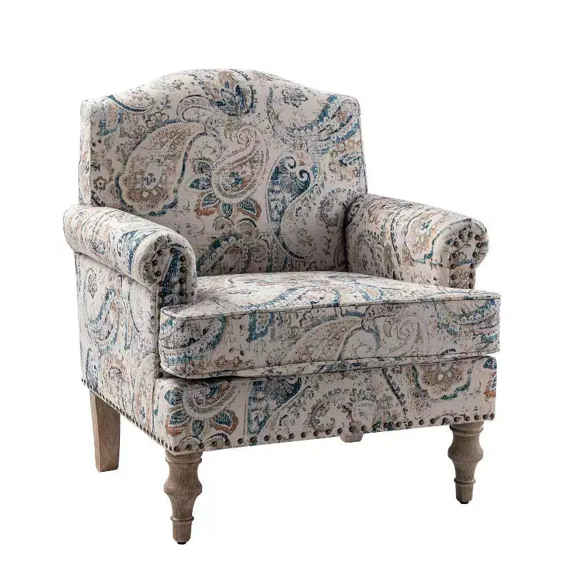 Fauteuil floral rembourré de style transitionnel avec dossier chameau et pieds en bois