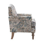 Fauteuil floral rembourré de style transitionnel avec dossier chameau et pieds en bois