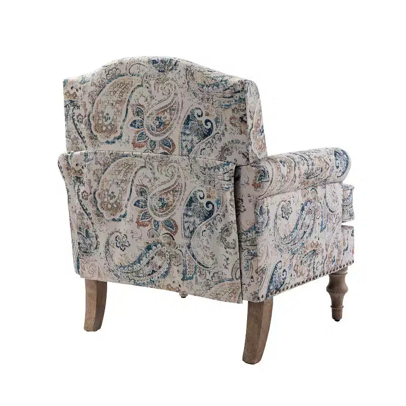 Fauteuil floral rembourré de style transitionnel avec dossier chameau et pieds en bois