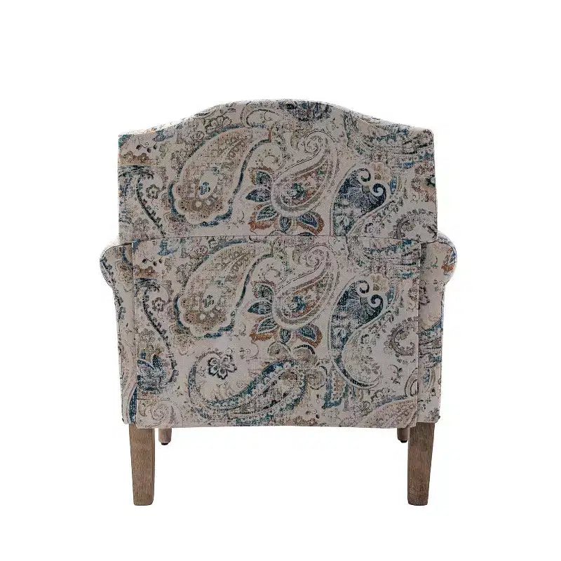 Fauteuil floral rembourré de style transitionnel avec dossier chameau et pieds en bois