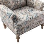 Fauteuil floral rembourré de style transitionnel avec dossier chameau et pieds en bois