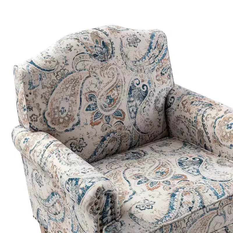 Fauteuil floral rembourré de style transitionnel avec dossier chameau et pieds en bois