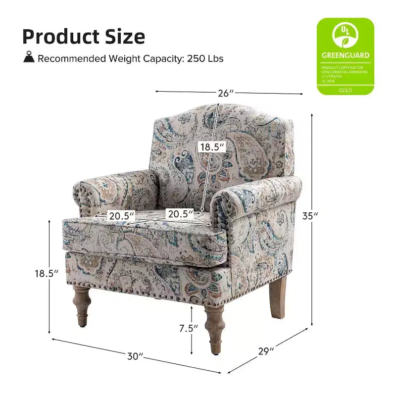Fauteuil floral rembourré de style transitionnel avec dossier chameau et pieds en bois