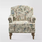 Fauteuil floral rembourré de style transitionnel avec dossier chameau et pieds en bois