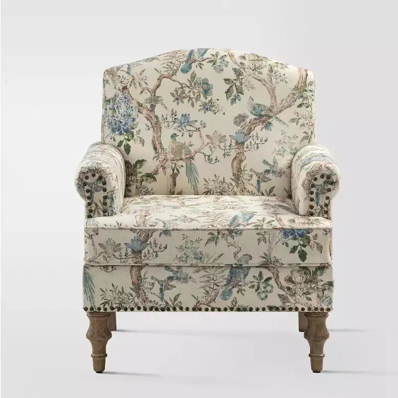 Fauteuil floral rembourré de style transitionnel avec dossier chameau et pieds en bois