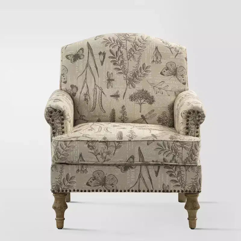 Fauteuil floral rembourré de style transitionnel avec dossier chameau et pieds en bois