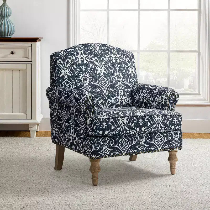 Fauteuil floral rembourré de style transitionnel avec dossier chameau et pieds en bois